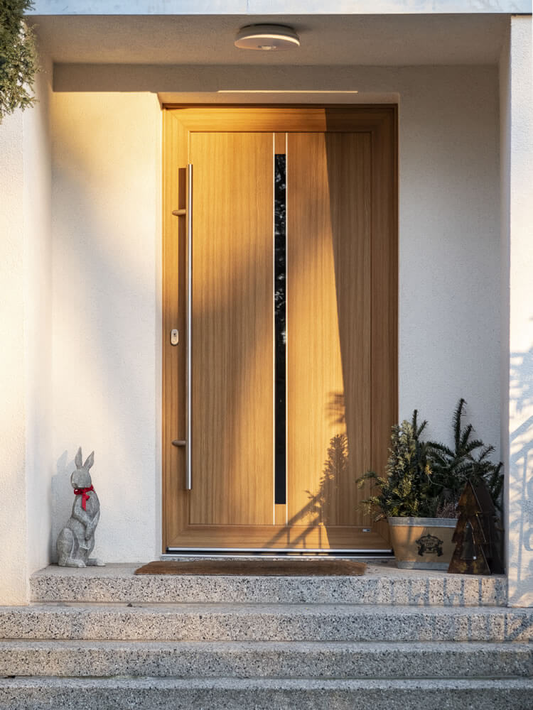 Schöne Haustür aus Holz mit dezentem Glaselement