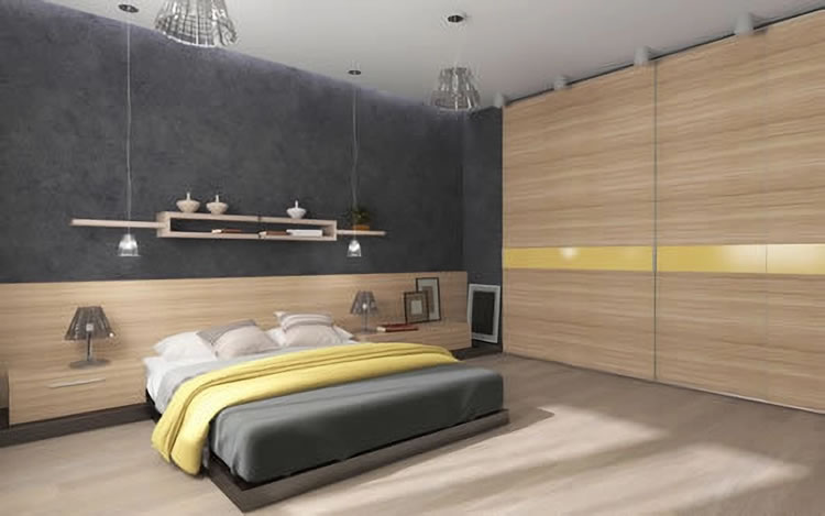 Schlafzimmer in moderner Holzptik mit viel Stauraum