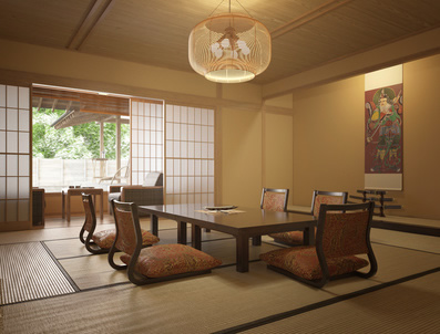 Japanischer Einrichtung - Esstisch mit niedrigen Stühlen